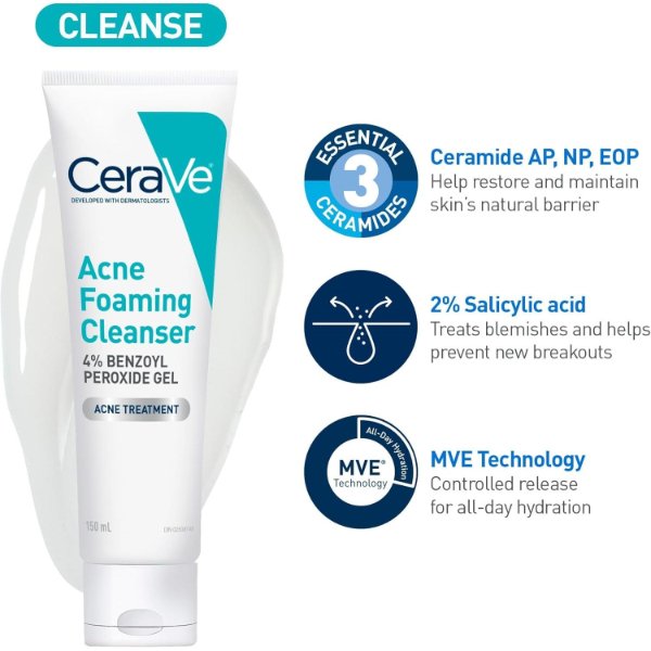 CERAVE ACNE FOAMING CLEANSER 4% BENZOYL PEROXIDE GEL